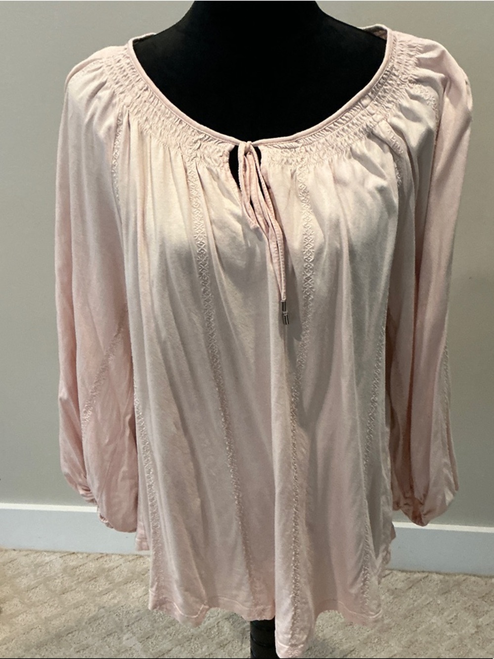 Lauren Ralph Lauren Pale Pink Peasant Blouse with Tie Neck